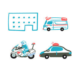 町のインフラ　パトカー,白バイ,救急車　セット　イラスト素材  © gogondayo