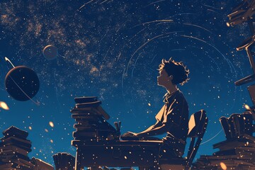 A boy sitting at a desk, looking up at the sky full of stars, surrounded by floating books and glowing fireflies, creating an atmosphere filled with dreams 