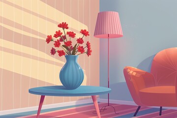 doodle of a small blue vase with red flowers on top and a pink table in the corner of a living room