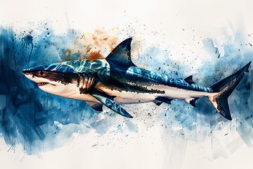 watercolor illustration featuring a shark gracefully swimming sideways in the ocean, happy ocean day