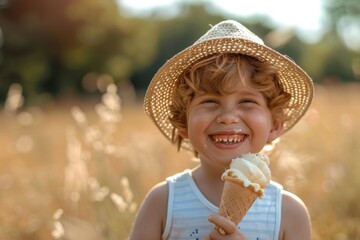 Young Boy in Straw Hat Eating Ice Cream