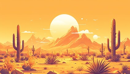 A cartoon desert landscape with cacti and mountains in the background