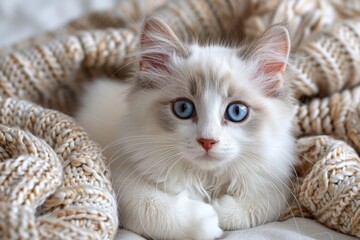 A young white kitten with striking blue eyes is lounging on a soft blanket.