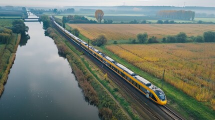 train driving agricultural fields and a river 