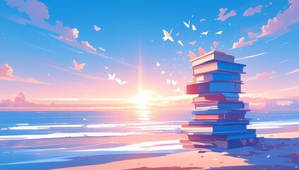 A cartoon illustration of a stack of books on the beach with light rays shining through them, a butterfly flying above it, a sunset, with a pink and blue color palette - obrazy, fototapety, plakaty