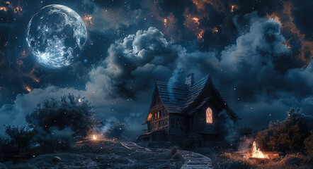 A stream of clouds and wood fires around the medieval house. with the moon and stars in the night...