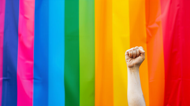 Raised fist against a rainbow-colored background.