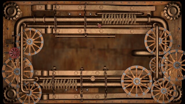 An intricate steampunk frame, adorned with gears, wheels, clockwork, and rivets, set against a rustic wooden backdrop, blending fantasy with industrial aesthetics