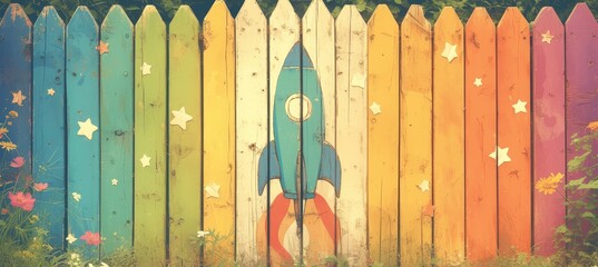 A child's hands holding up a colorful wooden rocket on a vibrant rainbow-colored wood wall, symbolizing creativity and imagination - obrazy, fototapety, plakaty