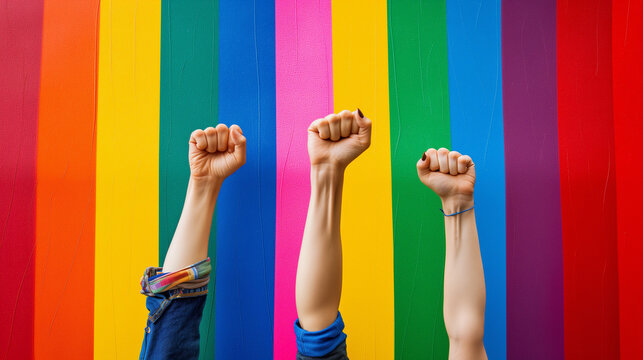 Raised fists against a rainbow-colored background.