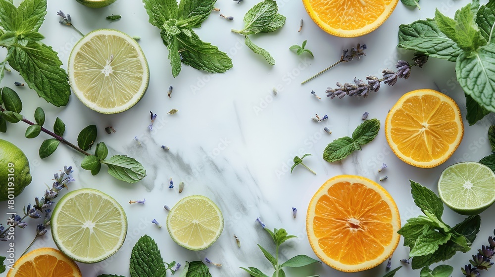 Poster Top view product of lavender, peppermint, citrus, tea tree and bergamot leaves surrounding a circular empty space on a white marble background, minimal modern style of flat lay. Generative AI.