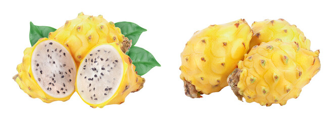 Ripe Dragon fruit, Pitaya or Pitahaya yellow isolated on white background, fruit healthy concept - obrazy, fototapety, plakaty