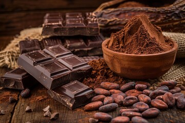 cacao powder, chocolate bars and cocoa beans on wooden table, dessert