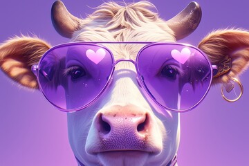 A cow wearing purple sunglasses, on a solid purple background, with a purple color theme - obrazy, fototapety, plakaty