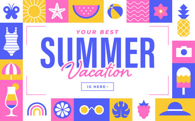 Summer banner with geometric frame. Summer vacation, holiday or camp design template with flat summer icons and symbols.