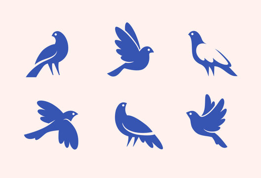 Abstract bird icon set num.2. Cute small sparrow or pigeon logo, bird vector silhouette.
