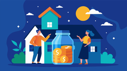 A couple filling a jar labeled Dream Home with bills and coins with a picture of a beautiful house.