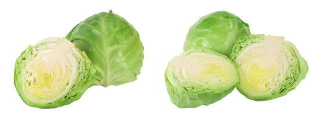 Green cabbage with half isolated on white background with  full depth of field. - obrazy, fototapety, plakaty
