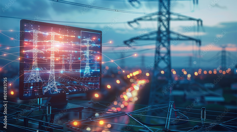 Fototapete Electrical project is displayed on a computer screen, cad software engineer project line flying above and cad software on screen, electricity towers and solar panel in the background. Generative AI.