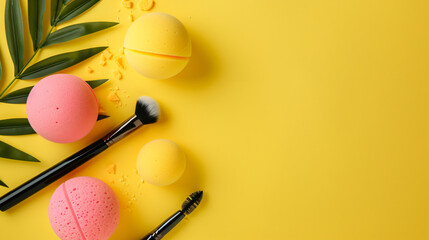Makeup sponges and decor on yellow background with spa