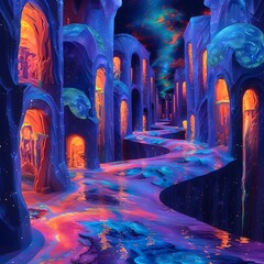 Surreal and Mystical Glowing Cavern Landscape with Vibrant Colors and Ethereal Architectural Details
