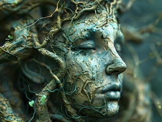 Enigmatic Visage Emerging from Organic Textures in Serene Natural Tableau - obrazy, fototapety, plakaty