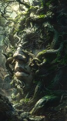 Enchanted Primordial Forest Landscape with Twisted Gnarled Tree Branches and Lush Foliage