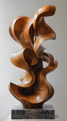 Carved Wooden Abstract Sculpture with Fluid Organic Forms and Dynamic Twists - obrazy, fototapety, plakaty