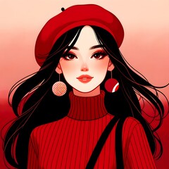 Elegant Red-Themed Portrait of a Young Woman with Beret and Matching Accessories - obrazy, fototapety, plakaty