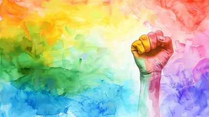 A woman's raised fist on painted rainbow flag watercolor style background