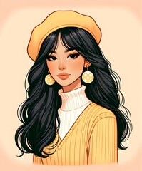Stylish Young Woman with Black Hair and Yellow Beret in Fashion Portrait - obrazy, fototapety, plakaty