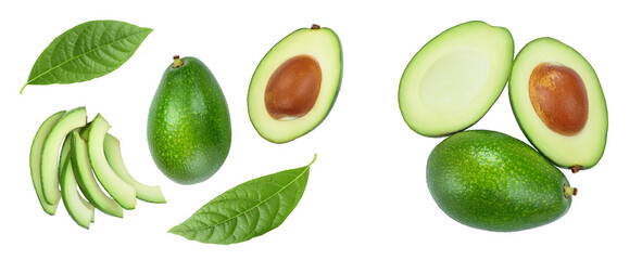 avocado and slices isolated on white background. Top view. Flat lay