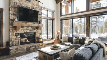 Naklejka premium A rustic living room featuring a modular fireplace with stone accents and adjustable modules for added warmth. 2d flat cartoon.