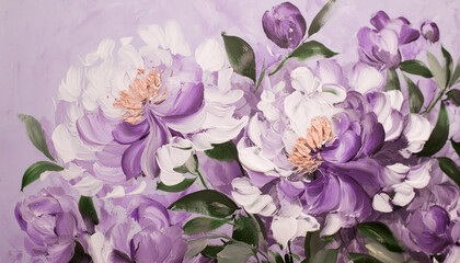 Floral oil painting. Beautiful flowers. Abstract texture, brushstroke. Pastel purple and white