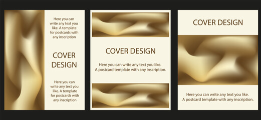 Set Posters Cover design with trend golden Gradient Wave Texture. Luxury Collection banner with Silk Cloth Geometric Shapes. Concept of Technology, Digital, Communication, Science Music in 90s. Vector