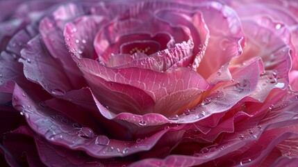 A pink rose in full bloom with water droplets on its petals.