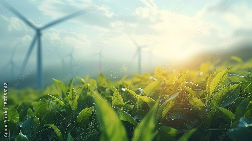 Poster Abstract green energy background with wind turbines and sustainable practices. Generative AI.