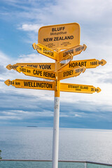Bluff  New zealand 20th Dec 2023:  Signpost located at the very end of State Highway 1, in Bluff....