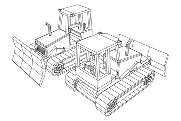 Big front-end loader bulldozer. Heavy equipment machine and manufacturing equipment for mining. Wireframe low poly mesh vector illustration.