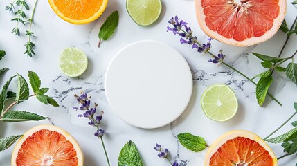 productlavender, peppermint, citrus, tea tree and bergamot leafs surrounding a circular empty space on a white marble background ифттук
