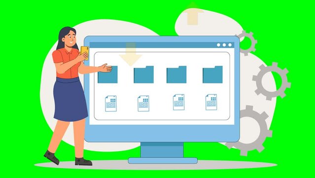 Woman Managing Digital Documents on Large Screen