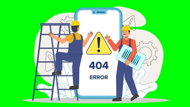 Cartoon Workers Repairing a Giant Phone Error Message