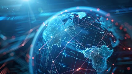 Futuristic Blockchain Technology HUD Background with World Globe and Polygon Peer-to-Peer Network - Global Cryptocurrency Business Banner