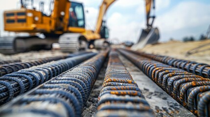 Focused view of rust-covered reinforcement bars on a construction site with an excavator in the background, symbolizing ongoing heavy construction work. - obrazy, fototapety, plakaty