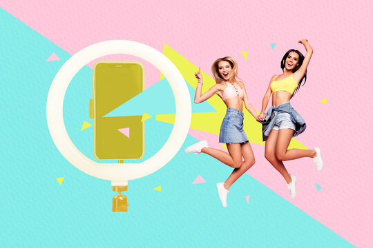 Composite photo collage of happy girls wear stylish sexy cloth blogging ring light iphone live stream shoot isolated on painted background