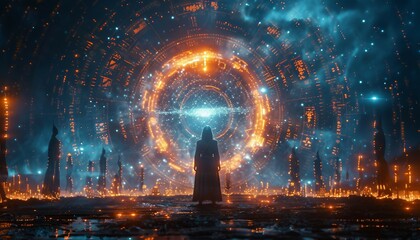 Guardians of Quantum Security, group of futuristic sentinels standing guard around a glowing orb, symbolizing quantum encryption.