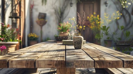 Create a picturesque setting featuring a wooden table