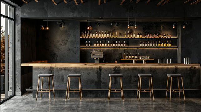 Modern interior of the bar in a loft style with concrete walls,