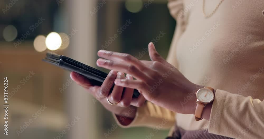 Poster tablet, typing and hands of business woman at night for online project, website review and social ne