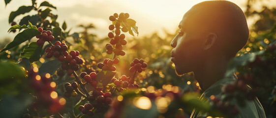 African black farmer or picker working on his coffee farm, closeup detail with morning sunlight background, red berries growing on bushes in foreground. Generative AI - Powered by Adobe